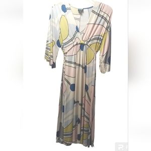 Vtg Miami Design Olian Maternity Dress Woman Large Satin Artsy Geometric USA